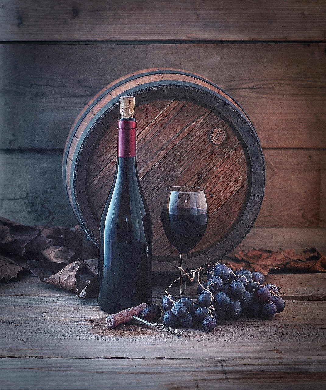 wine barrel, grapes, glass